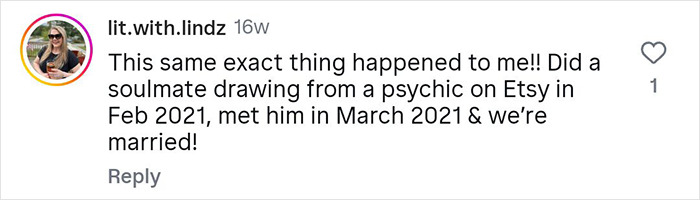 Screenshot of a woman’s comment describing how a psychic drawing changed her love life within days. Screenshot of a woman’s comment describing how a psychic drawing changed her love life within days.