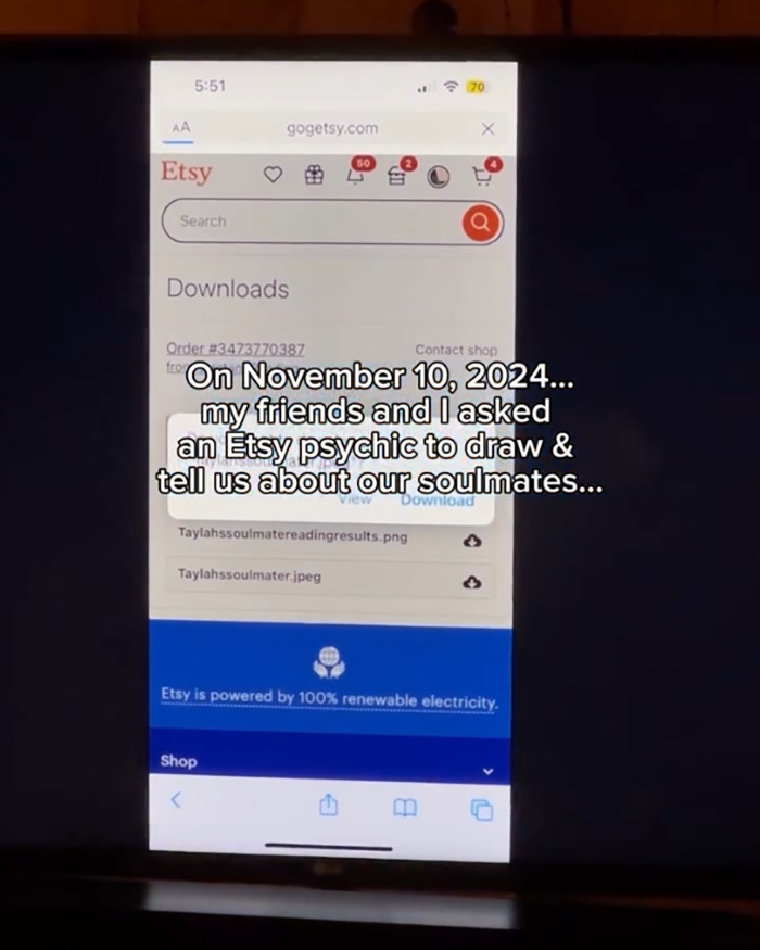Smartphone screen showing an Etsy psychic drawing order related to soulmate readings that changed a woman's love life. Smartphone screen showing an Etsy psychic drawing order related to soulmate readings that changed a woman's love life.