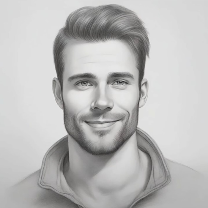 Portrait of a smiling man in a grayscale psychic drawing style, related to viral love life changes. Portrait of a smiling man in a grayscale psychic drawing style, related to viral love life changes.