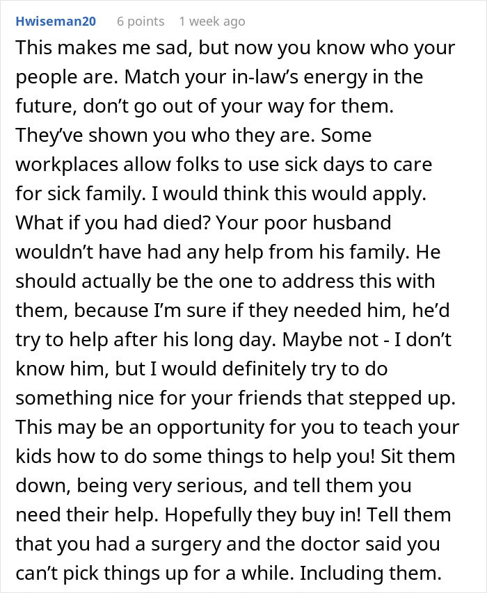 Comment about woman with two kids struggling without support after surgery, expressing sadness and advice on coping. Comment about woman with two kids struggling without support after surgery, expressing sadness and advice on coping.