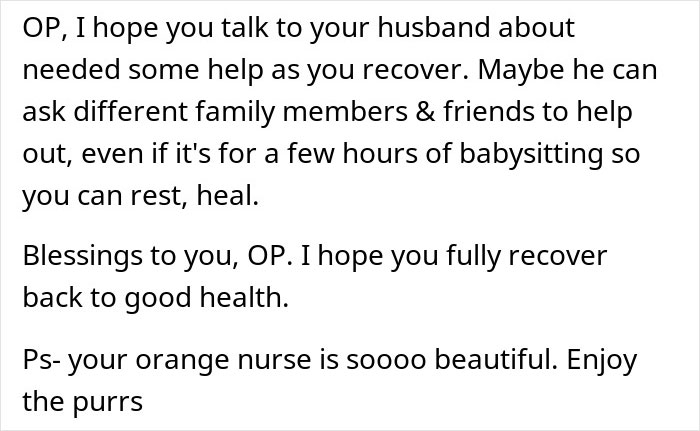 Text message expressing hope for a woman with two kids to get support and recover fully after surgery. Text message expressing hope for a woman with two kids to get support and recover fully after surgery.