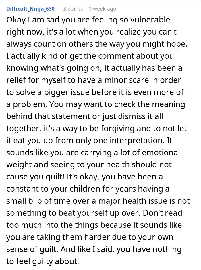 Comment expressing support for a woman struggling without support after surgery while caring for two kids.