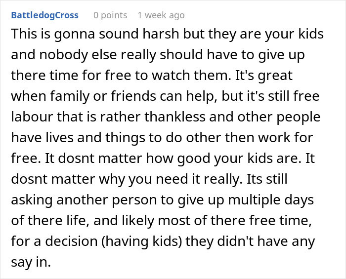 Comment discussing lack of support for woman with two kids after surgery, highlighting free labor and time sacrifice. Comment discussing lack of support for woman with two kids after surgery, highlighting free labor and time sacrifice.