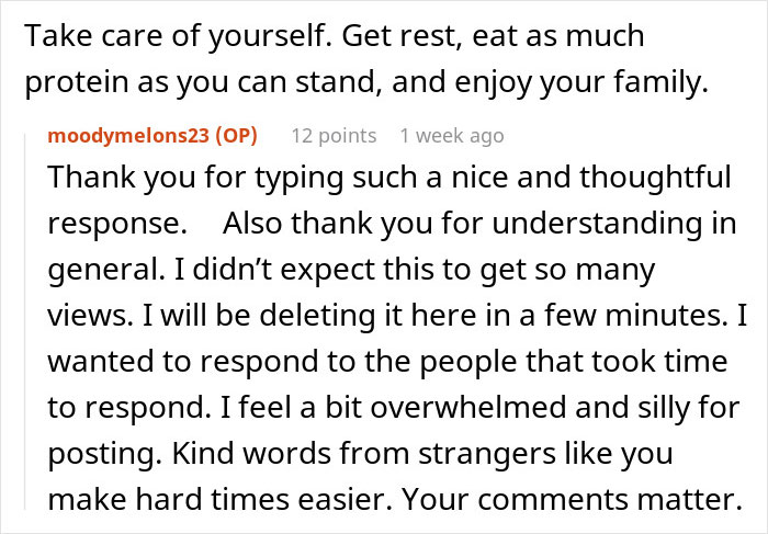 Reddit user expressing gratitude for support after surgery while struggling with two kids and lack of help. Reddit user expressing gratitude for support after surgery while struggling with two kids and lack of help.