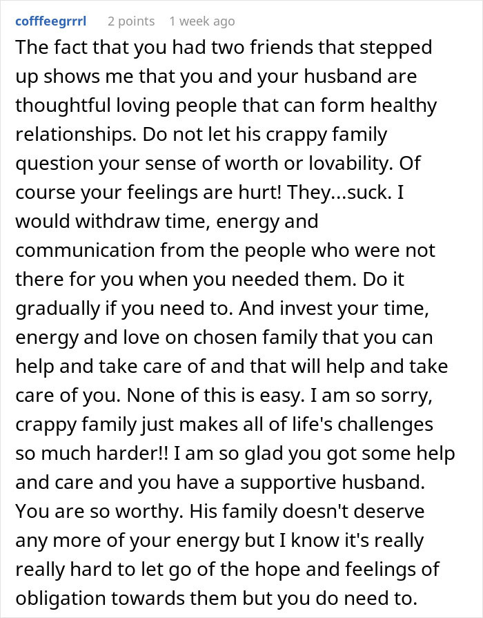 Comment expressing support for a woman struggling with lack of family support after surgery and parenting two kids. Comment expressing support for a woman struggling with lack of family support after surgery and parenting two kids.