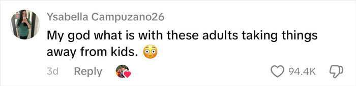Comment from Ysabella Campuzano26 reacting to adults taking things away from kids, related to Kansas City Karen incident. Comment from Ysabella Campuzano26 reacting to adults taking things away from kids, related to Kansas City Karen incident.