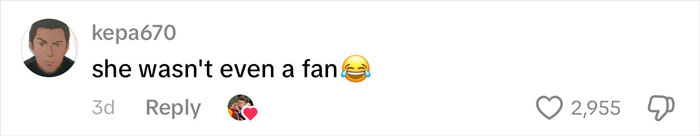 Comment on social media post by user kepa670 saying she wasn't even a fan with laughing emoji, related to viral Kansas City Karen incident. Comment on social media post by user kepa670 saying she wasn't even a fan with laughing emoji, related to viral Kansas City Karen incident.