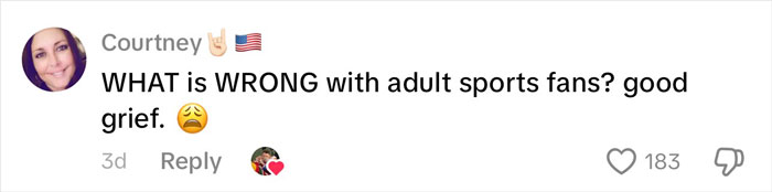 Comment from Viral Kansas City Karen on social media expressing frustration about adult sports fans with an unhappy emoji. Comment from Viral Kansas City Karen on social media expressing frustration about adult sports fans with an unhappy emoji.