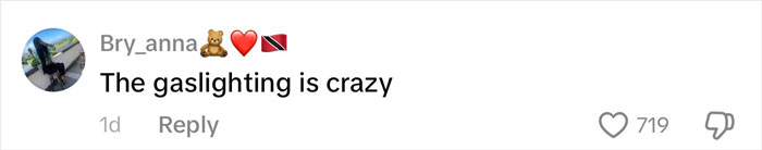 Comment on social media reading the gaslighting is crazy, related to viral Kansas City Karen headband incident.