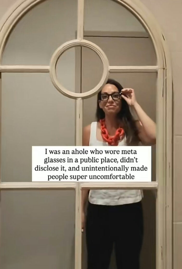 Woman wearing meta glasses admitting to making people uncomfortable while recording in public during vacation. Woman wearing meta glasses admitting to making people uncomfortable while recording in public during vacation.