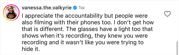 Comment on Meta glasses recording vacation regrets shared by a woman, describing the recording light and accountability. Comment on Meta glasses recording vacation regrets shared by a woman, describing the recording light and accountability.