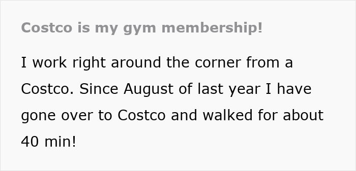 Text showing a woman sharing how Costco helped her lose 130 lbs by walking 40 minutes regularly near her workplace.