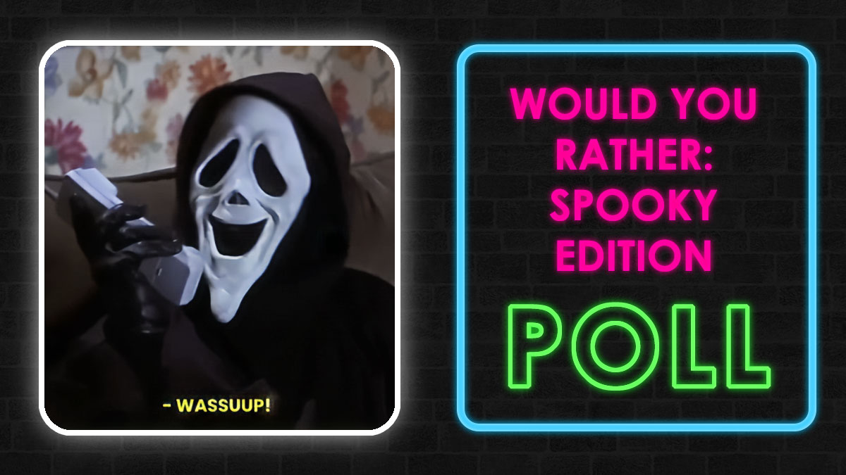 Person wearing creepy Halloween mask and black gloves holding phone next to neon sign reading Would You Rather poll spooky edition.