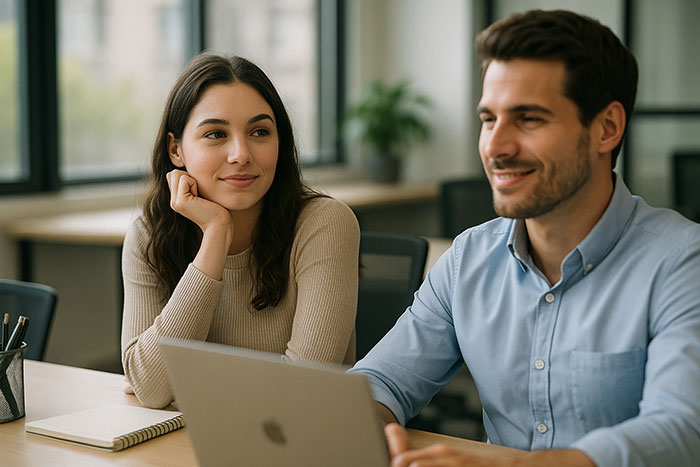 Young woman flirts with male coworker who calmly shuts down the interaction in a modern office environment. Young woman flirts with male coworker who calmly shuts down the interaction in a modern office environment.