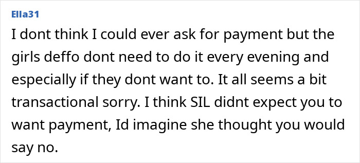 Screenshot of an online comment discussing pregnant SIL paying nieces to help out and related family dynamics.