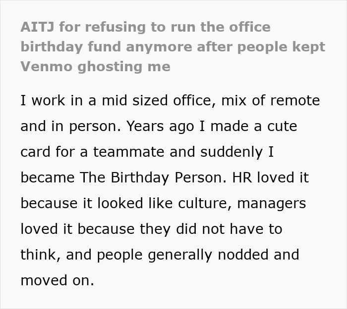 Text excerpt about coworkers Venmo ghosting the birthday organizer, causing frustration over no workplace birthdays. Text excerpt about coworkers Venmo ghosting the birthday organizer, causing frustration over no workplace birthdays.