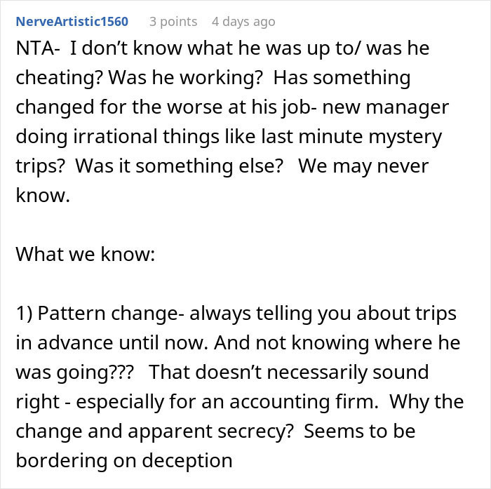 Man’s suspicious work trip and pattern changes cause girlfriend to rethink their entire relationship. Man’s suspicious work trip and pattern changes cause girlfriend to rethink their entire relationship.