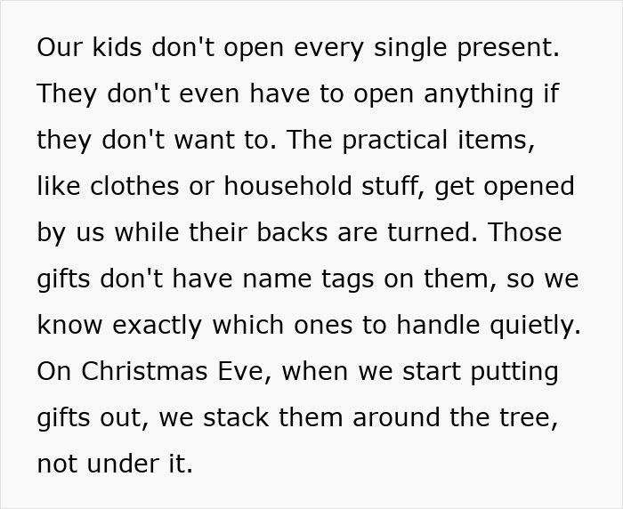 Text excerpt describing how kids don’t open every gift and gifts are stacked around the tree, highlighting consumerism.