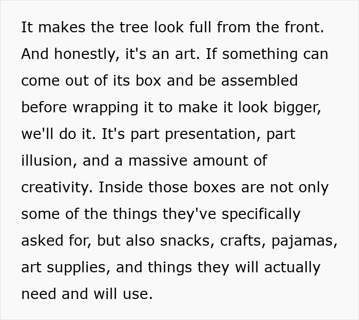 Text describing creativity and presentation involved in packing an insane amount of gifts for kids, highlighting consumerism.