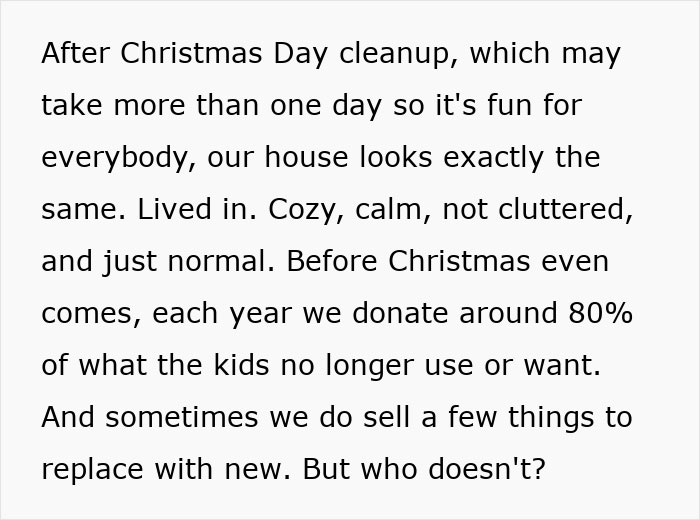 Text excerpt discussing post-Christmas cleanup and donating kids gifts, highlighting consumerism in gift-giving.