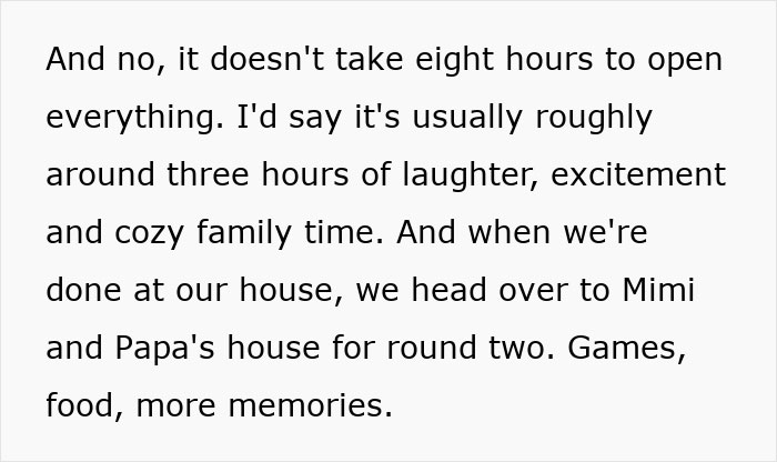 Text describing family spending hours enjoying gifts, highlighting consumerism and an insane amount of gifts for kids.