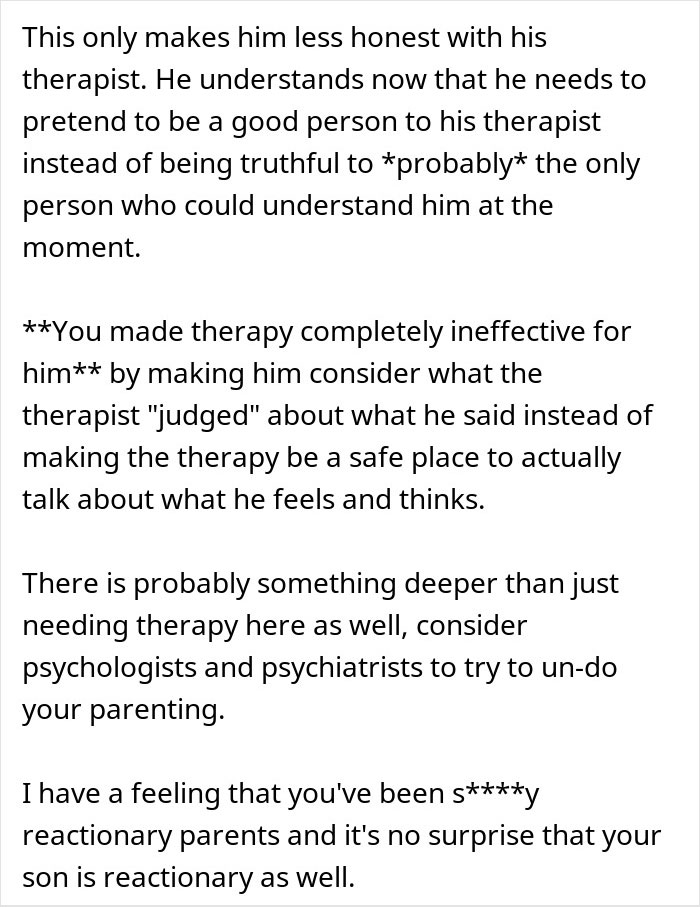 Text excerpt discussing a teen’s therapy challenges and the impact of parenting on his honesty and emotional health. Text excerpt discussing a teen’s therapy challenges and the impact of parenting on his honesty and emotional health.