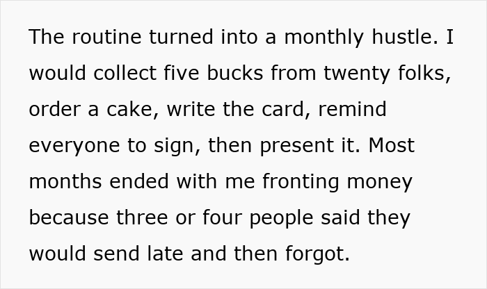 Text about coworkers ghosting Venmo payments for birthday organizing, causing frustrations and missing birthday celebrations.