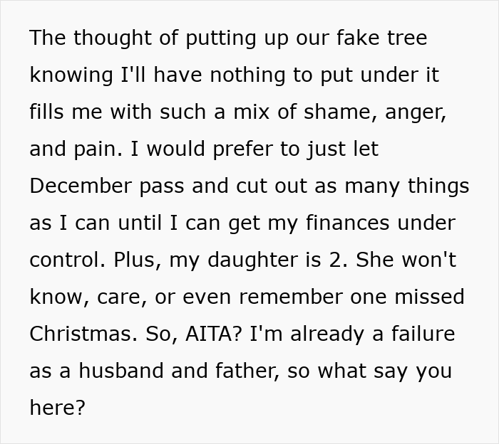 Father wants to cancel Christmas due to financial struggles, worried daughter won’t know or remember the missed holiday.