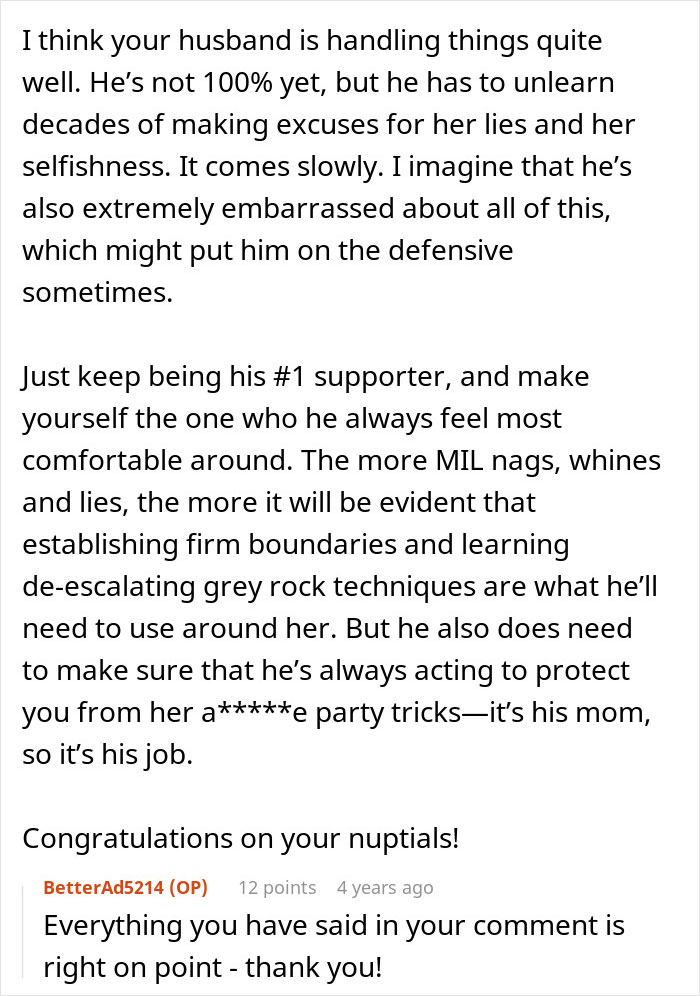 Text from a user discussing challenges with mother-in-law behavior and setting boundaries on a wedding day. Text from a user discussing challenges with mother-in-law behavior and setting boundaries on a wedding day.