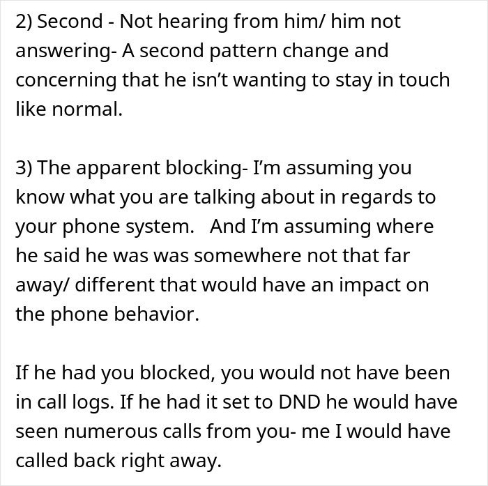 Text excerpt analyzing suspicious phone behavior suggesting a man may have blocked contact during a work trip relationship doubt. Text excerpt analyzing suspicious phone behavior suggesting a man may have blocked contact during a work trip relationship doubt.