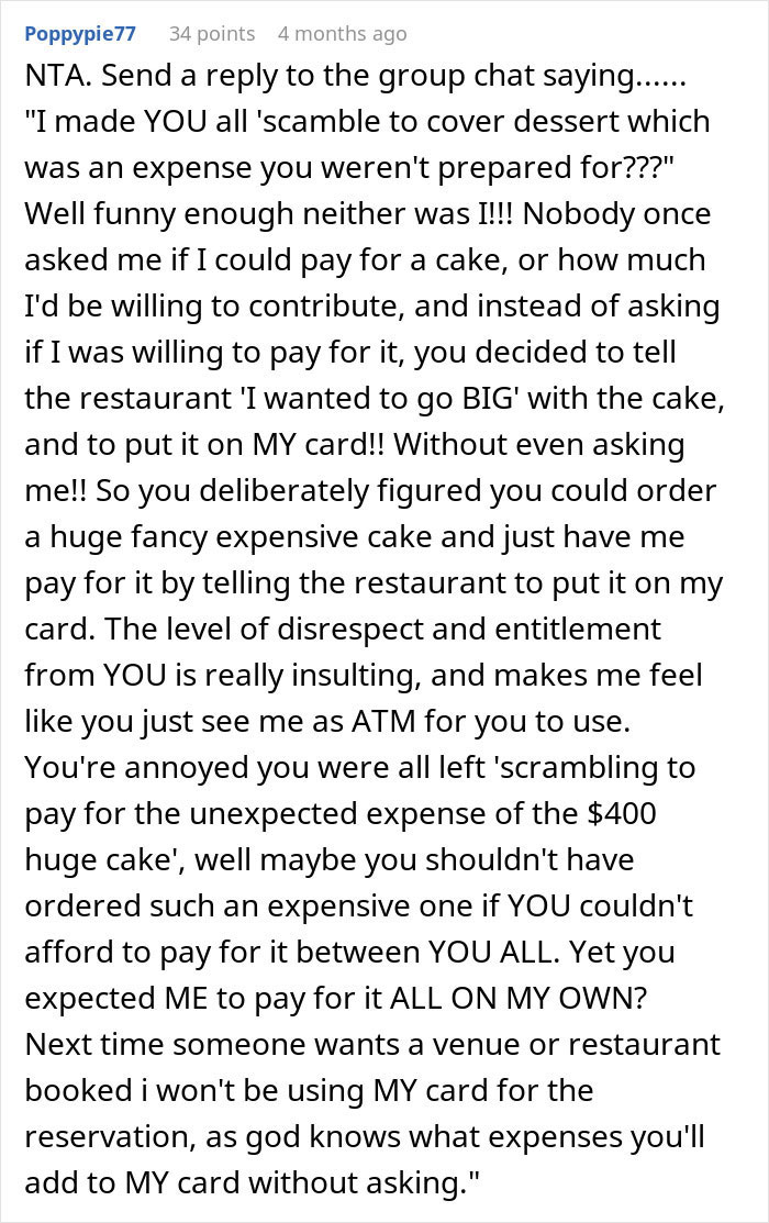 Comment from a man refusing to pay for an expensive cake his sister-in-law ordered without his consent.
