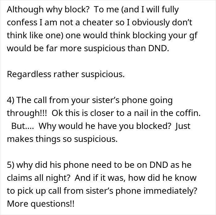 Text excerpt analyzing a man’s suspicious work trip and his girlfriend rethinking their relationship due to blocking behavior. Text excerpt analyzing a man’s suspicious work trip and his girlfriend rethinking their relationship due to blocking behavior.