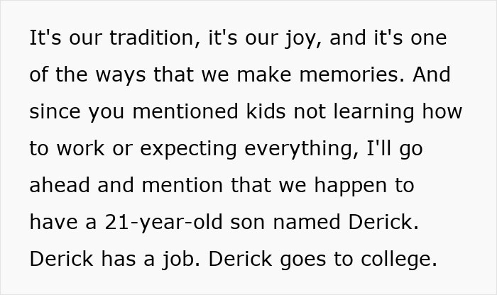 Text excerpt from a viral mom’s story about giving an insane amount of gifts to her kids and facing consumerism backlash.