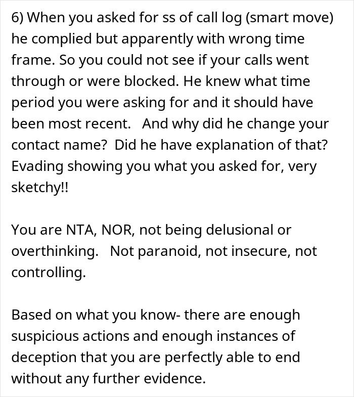 Text discussing suspicious behavior during a work trip, including call log deception and relationship trust issues. Text discussing suspicious behavior during a work trip, including call log deception and relationship trust issues.