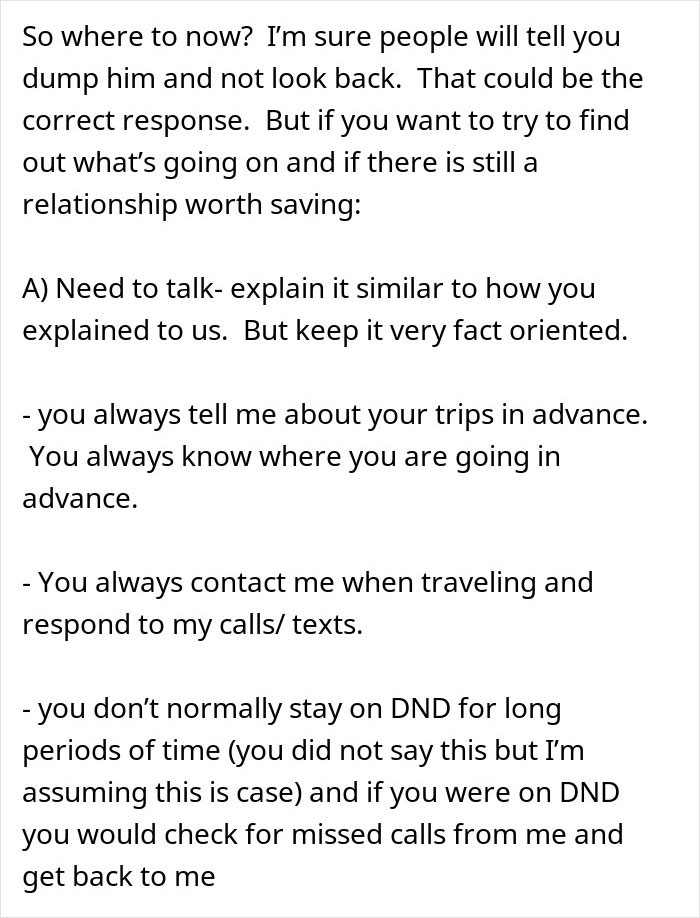 Text excerpt discussing a man’s suspicious work trip causing his girlfriend to rethink their relationship and communication issues. Text excerpt discussing a man’s suspicious work trip causing his girlfriend to rethink their relationship and communication issues.