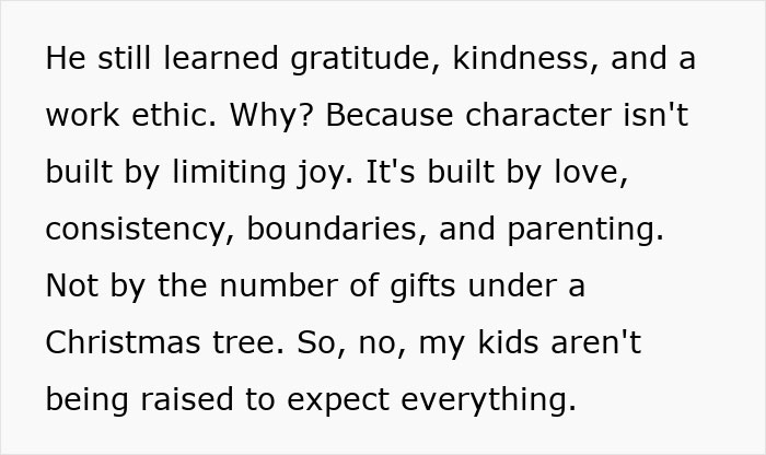 Text about gratitude, kindness, and parenting versus consumerism and the number of gifts under a Christmas tree.