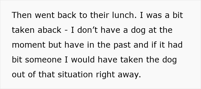 Text excerpt describing a situation where negligent dog owners let their dog bite a kid without intervening immediately. Text excerpt describing a situation where negligent dog owners let their dog bite a kid without intervening immediately.