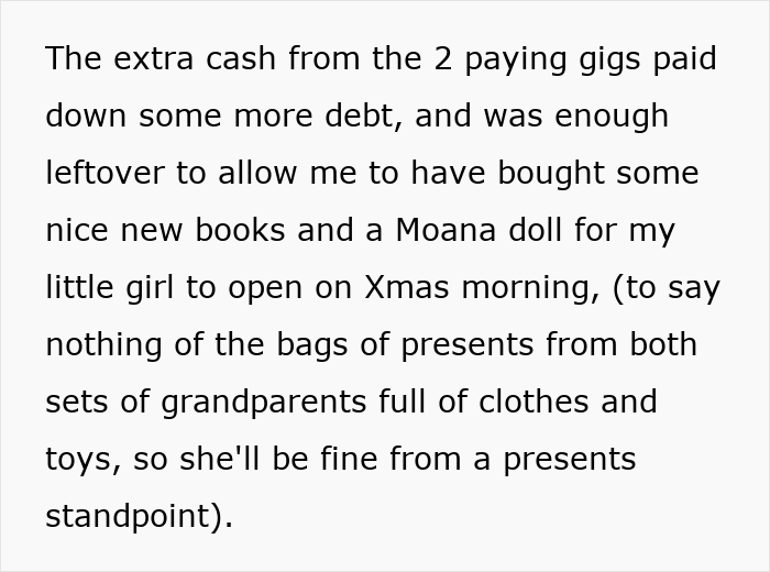 Text excerpt about a father managing finances to afford Christmas presents for his daughter despite wanting to cancel Christmas.
