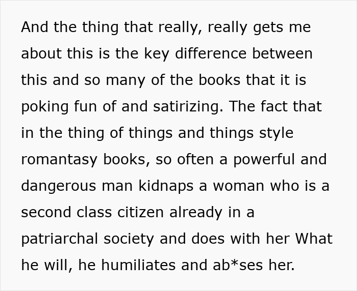 Text excerpt discussing romantasy books where a man kidnaps and abuses a woman in a patriarchal society.