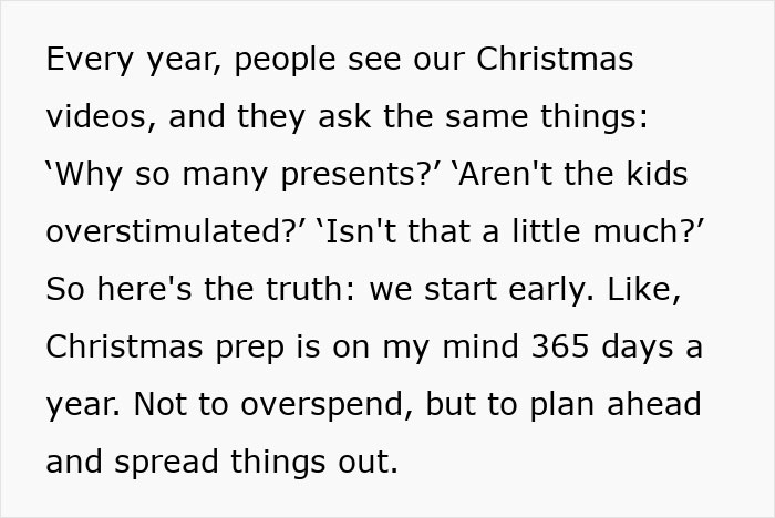 Text excerpt explaining a mom’s early Christmas prep and gift planning to avoid overspending amid consumerism backlash.