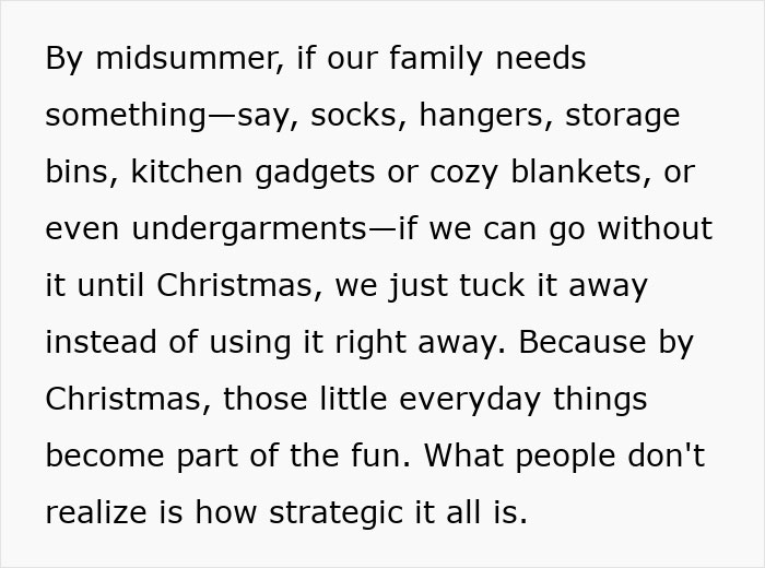 Text excerpt discussing a family's strategic approach to holiday gifts, highlighting consumerism and gift accumulation trends.