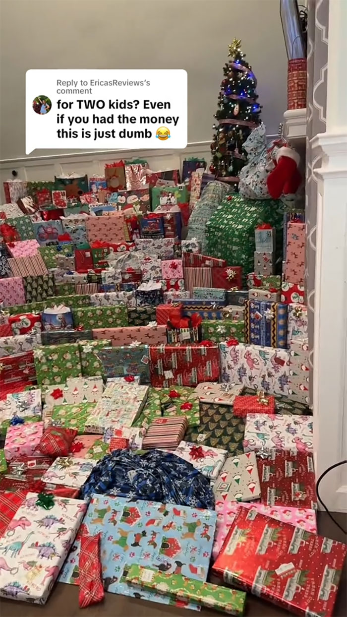 Room filled with an insane amount of gifts for kids, highlighting consumerism backlash during the holiday season. Room filled with an insane amount of gifts for kids, highlighting consumerism backlash during the holiday season.