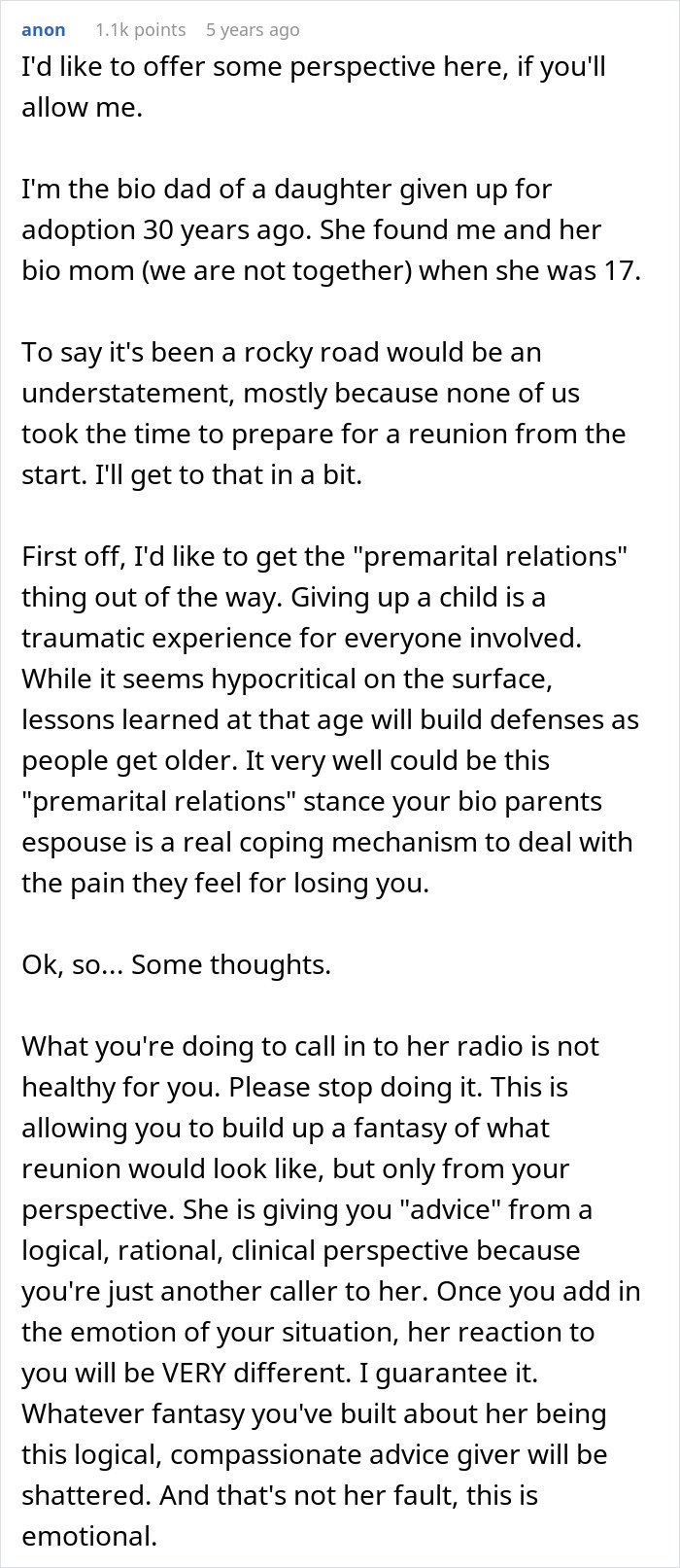 Text post discussing a bio dad reflecting on adoption, reunion challenges, and emotions with adoptive parents. Text post discussing a bio dad reflecting on adoption, reunion challenges, and emotions with adoptive parents.