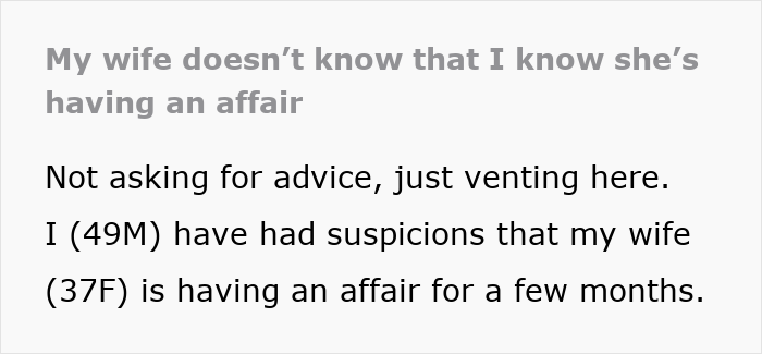 Text post about husband refusing intimacy for five years and suspecting wife’s affair, venting online.