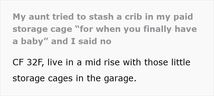 Aunt trying to stash a baby crib in paid storage cage in garage for future use with baby items. Aunt trying to stash a baby crib in paid storage cage in garage for future use with baby items.