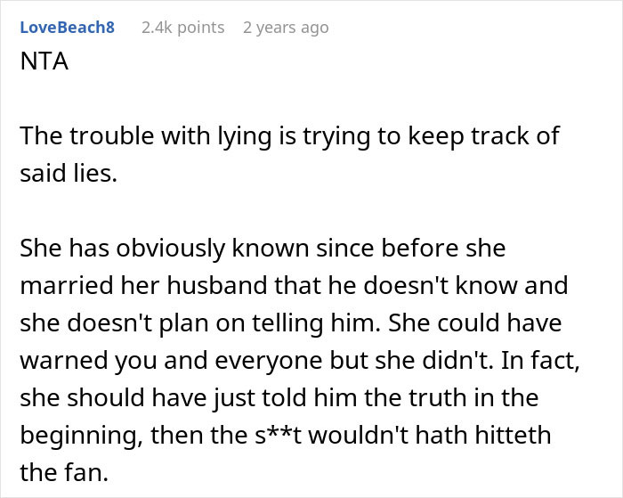 Reddit comment explaining the fallout in a friendship after a woman exposes her friend's secret to the husband before surgery.
