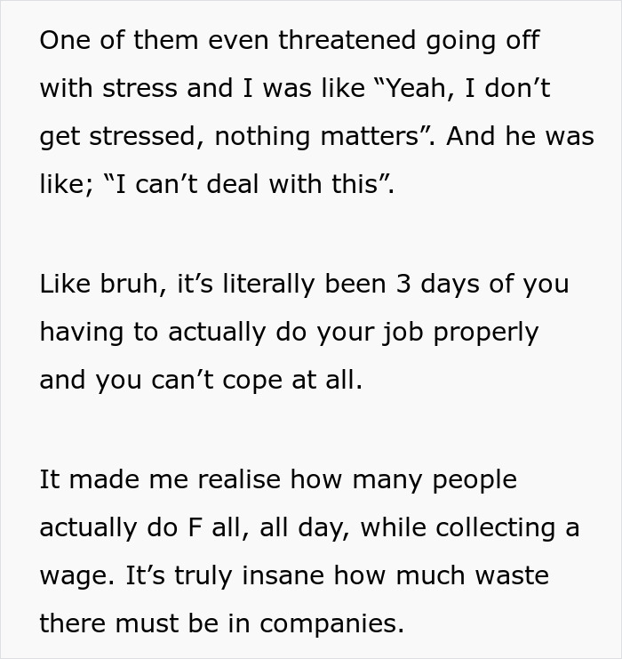Text excerpt discussing stress and workload challenges experienced by employees overworking multiple roles at a company.