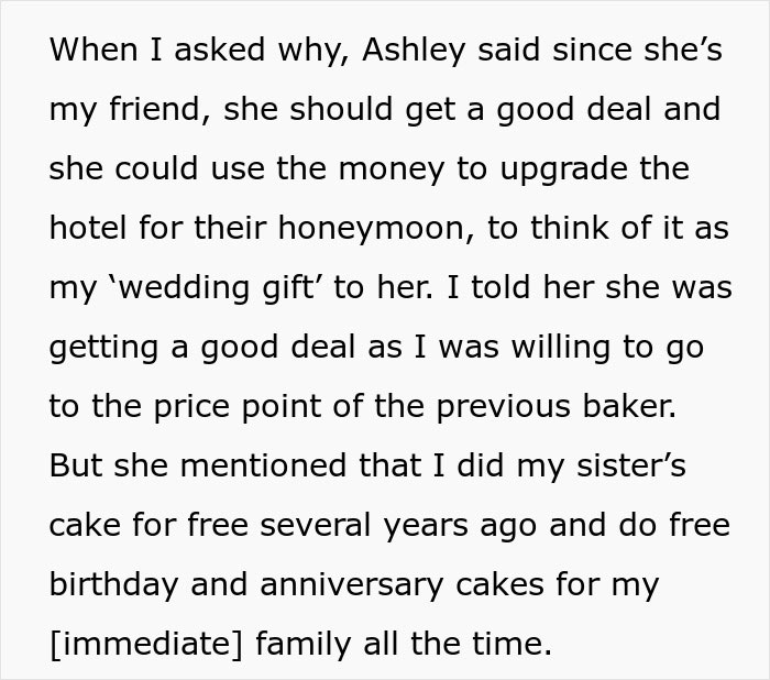 Text excerpt discussing a bride wanting to upgrade her honeymoon, expecting bridesmaid to cover costs.