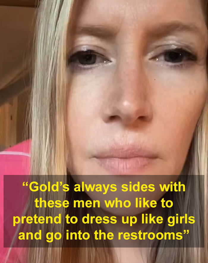 Close-up of a woman speaking about a confrontation involving a trans woman at Gold's Gym, sparking backlash among users.