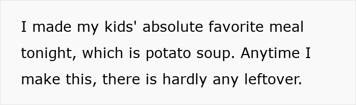 Text showing a statement about making kids' favorite meal, potato soup, with hardly any leftovers, related to wild American food creations. Text showing a statement about making kids' favorite meal, potato soup, with hardly any leftovers, related to wild American food creations.